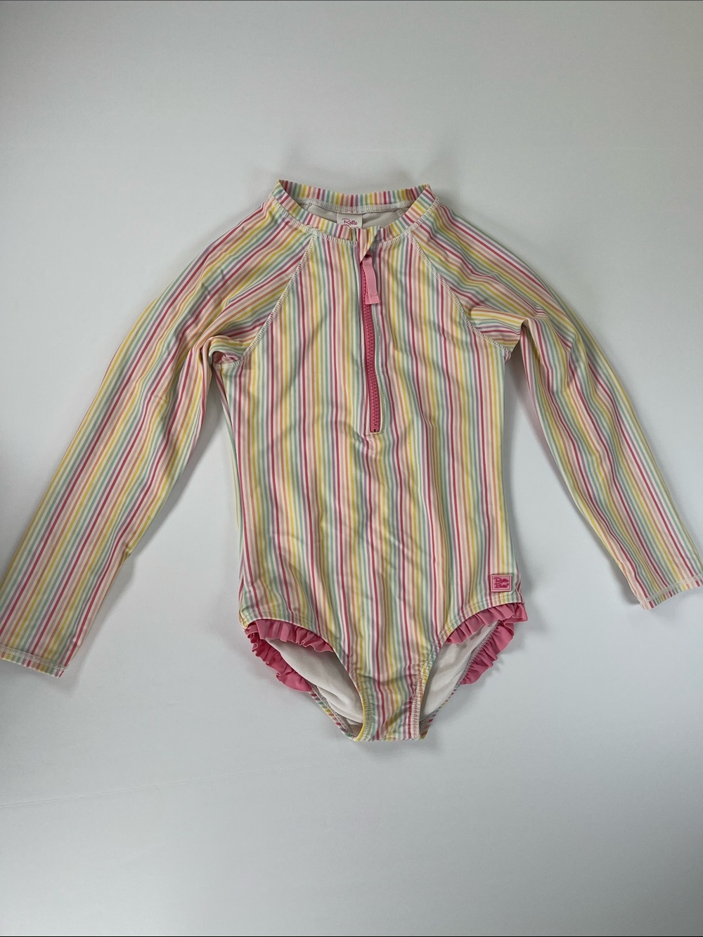 Ruffle Butts Girls Long-Sleeve One-Piece Rash Guard Swimsuit Multistripe Sz 8